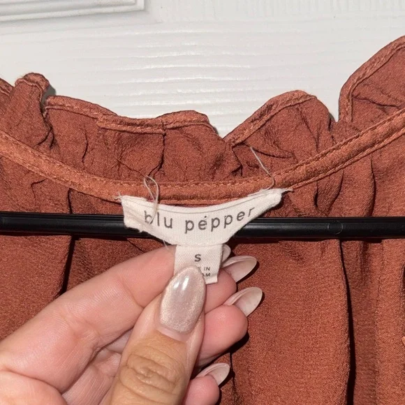 Women’s Rust Peasant Satin Blouse with Tie Neck by Blu Pepper - Picture 3 of 6